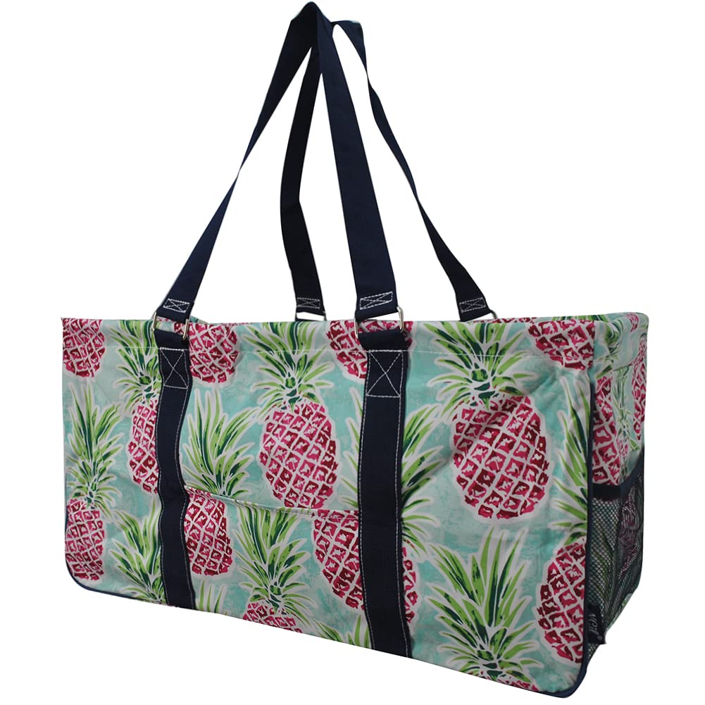 NGIL Extra Large Utility Tote Reusable Grocery Organizing Bag Oversized Collapsible for Storage, Picnic,Car, Beach (Berry Pineapple-navy)