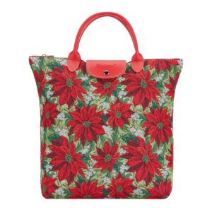 signare tapestry foldable tote bag reusable shopping bag grocery bag with xmas poinsettia design (fdaw-xmas-poin)