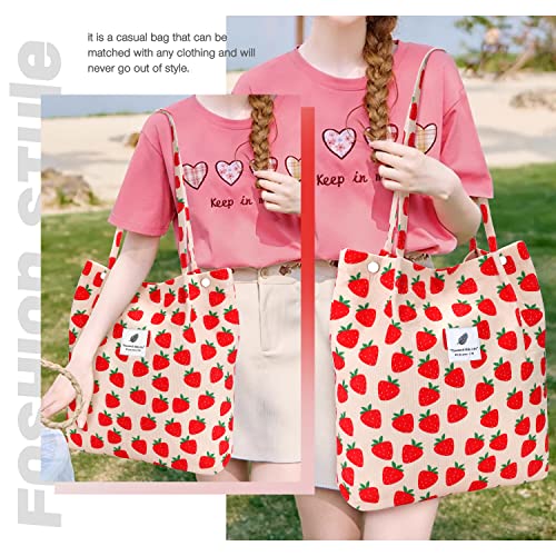 LHMTQVK Corduroy Tote Bags for Women, Large Capacity Corduroy Bag Reusable Grocery Shoulder Bag with Inner Pockets(Strawberry)