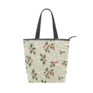 christmas holly berry tote handbag for women tote bag, canvas + leather shoulder bag, hobo bag, satchel purse(237ri1a)