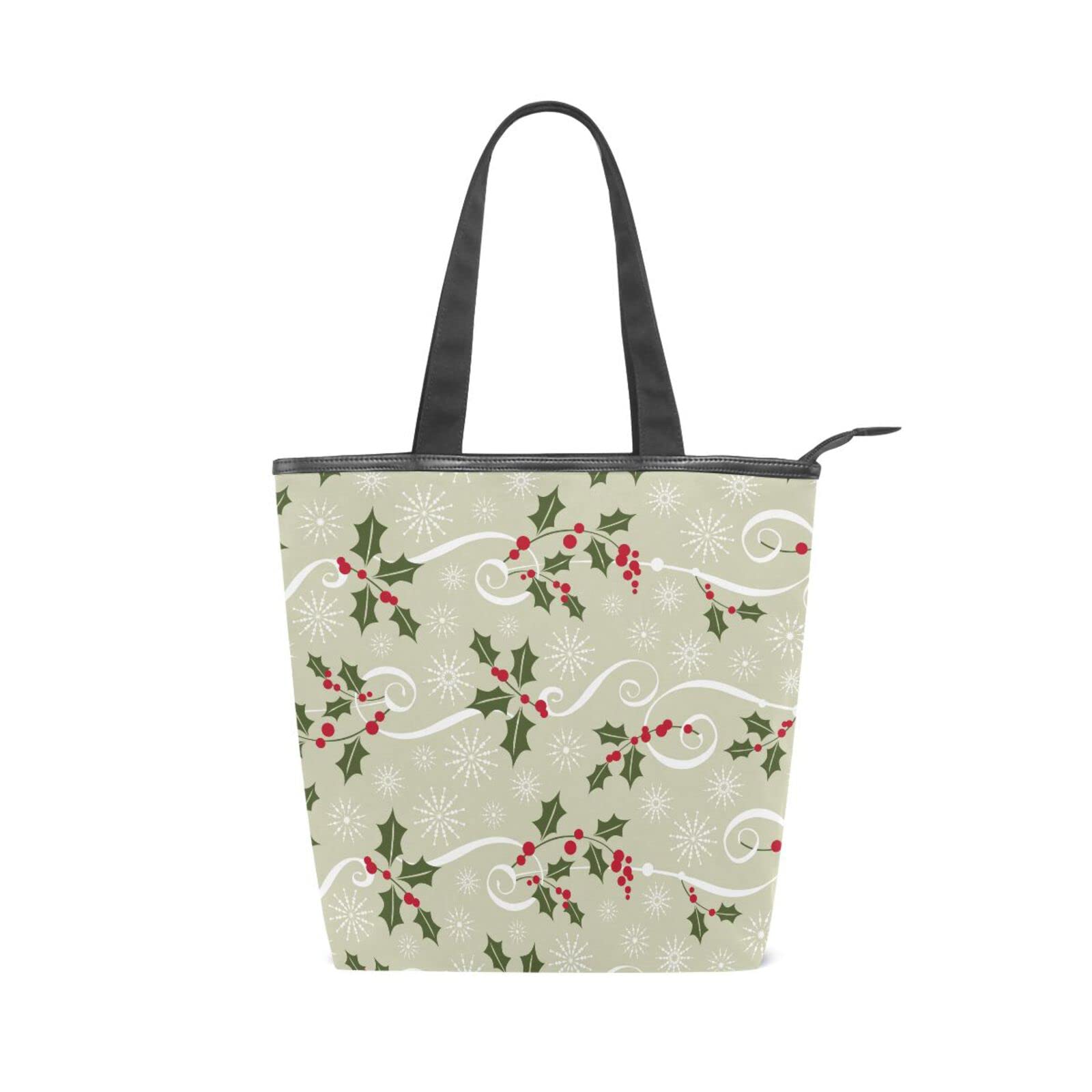 Christmas Holly Berry Tote Handbag for Women Tote Bag, Canvas + leather Shoulder Bag, Hobo bag, Satchel Purse(237ri1a)