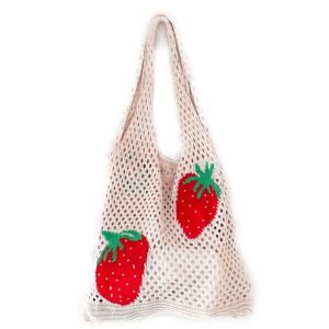 Stizimn Cute Strawberry Pattern Tote Bag Crochet Tote Bag Shoulder Bag Handbags Knitting Bag Aesthetic Handmade Weaving (White)