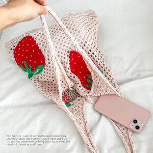 Stizimn Cute Strawberry Pattern Tote Bag Crochet Tote Bag Shoulder Bag Handbags Knitting Bag Aesthetic Handmade Weaving (White)