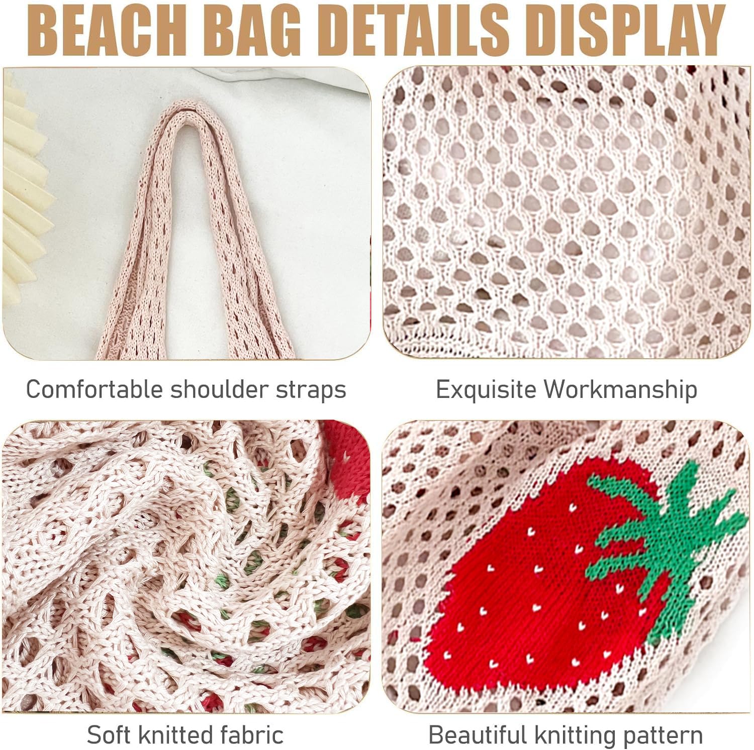 Stizimn Cute Strawberry Pattern Tote Bag Crochet Tote Bag Shoulder Bag Handbags Knitting Bag Aesthetic Handmade Weaving (White)