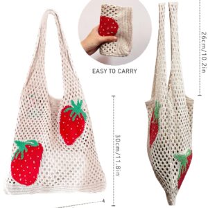 Stizimn Cute Strawberry Pattern Tote Bag Crochet Tote Bag Shoulder Bag Handbags Knitting Bag Aesthetic Handmade Weaving (White)