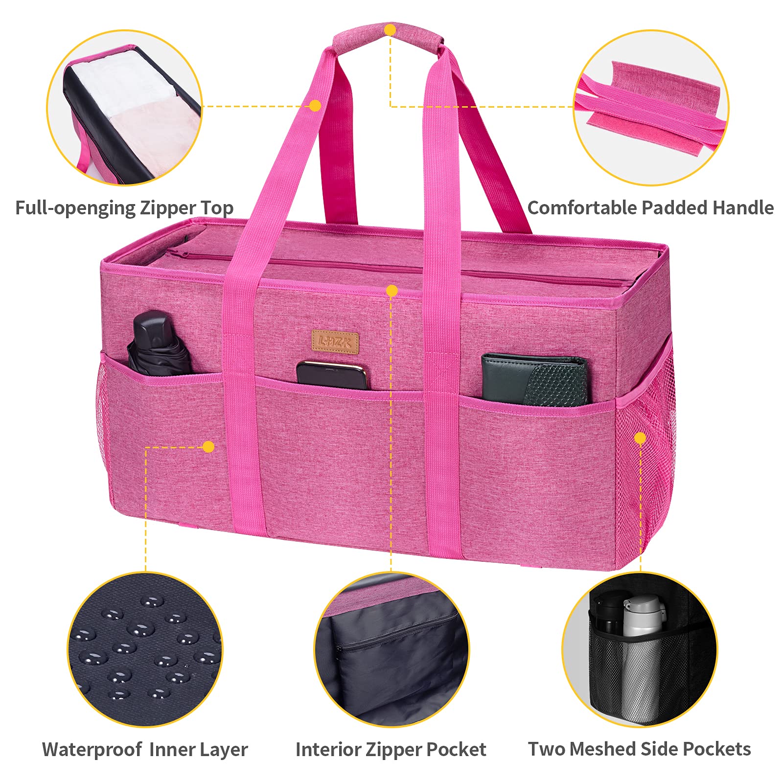 LHZK Stand Up Extra Large Utility Tote Bag with Metal Wire Frame and the Sides Rinforced, Car Trunk Organizer