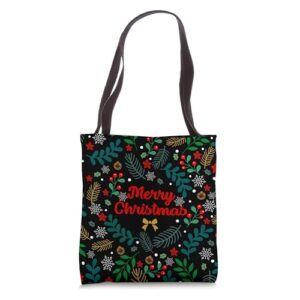 Christmas Leaves, Red Poinsettias, Holly Berries & Acorns Tote Bag