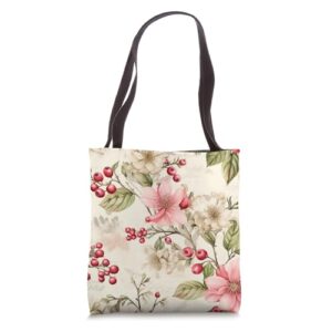 vintage pastel christmas floral holly berries tote bag