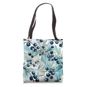 floral christmas pattern for nature lover blue holly berry tote bag