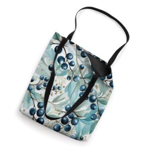 Floral Christmas Pattern For Nature Lover Blue Holly Berry Tote Bag