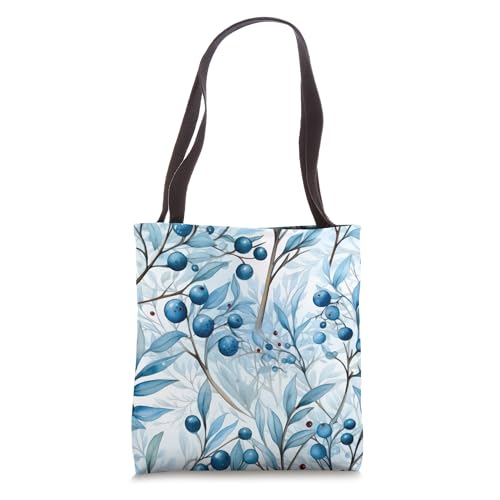 Floral Christmas Nature Decor For Women Blue Holly Berry Tote Bag