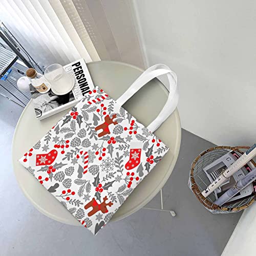 Canvas Tote Bag，Winter Holly Berries Candy Deer Christmas Reusable Large Shopping Shoulder Tote Bag For Women，Red Holiday Doodle Tree Art Blossom Leaf Nature White Beach Tote Bags Bulk For Work