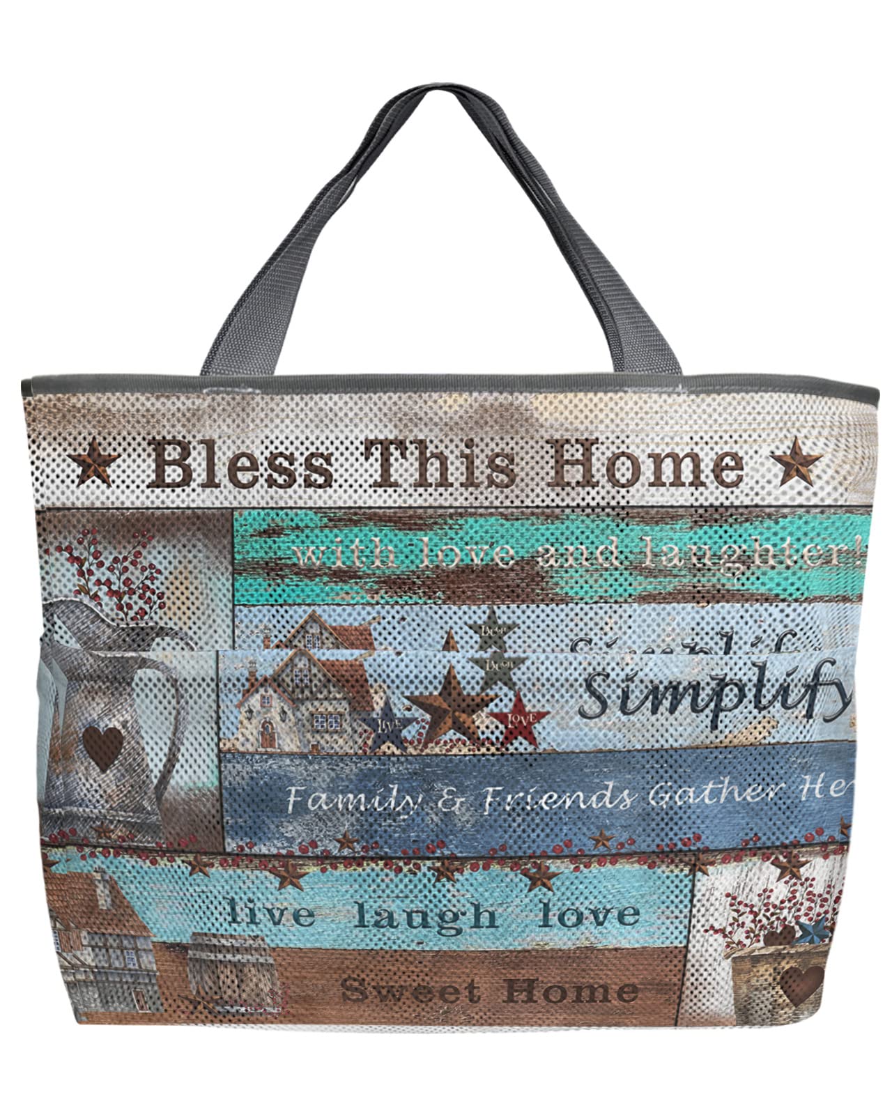 Mesh Beach Tote Bag Western Texas Star 60L Oversize Beach Tote Berries Farmhouse Live Laugh Love Toy Tote Grocery Storage Net Swim Bag with Pockets Foldable Lightweight for Beach Pool 24"x18"x8"