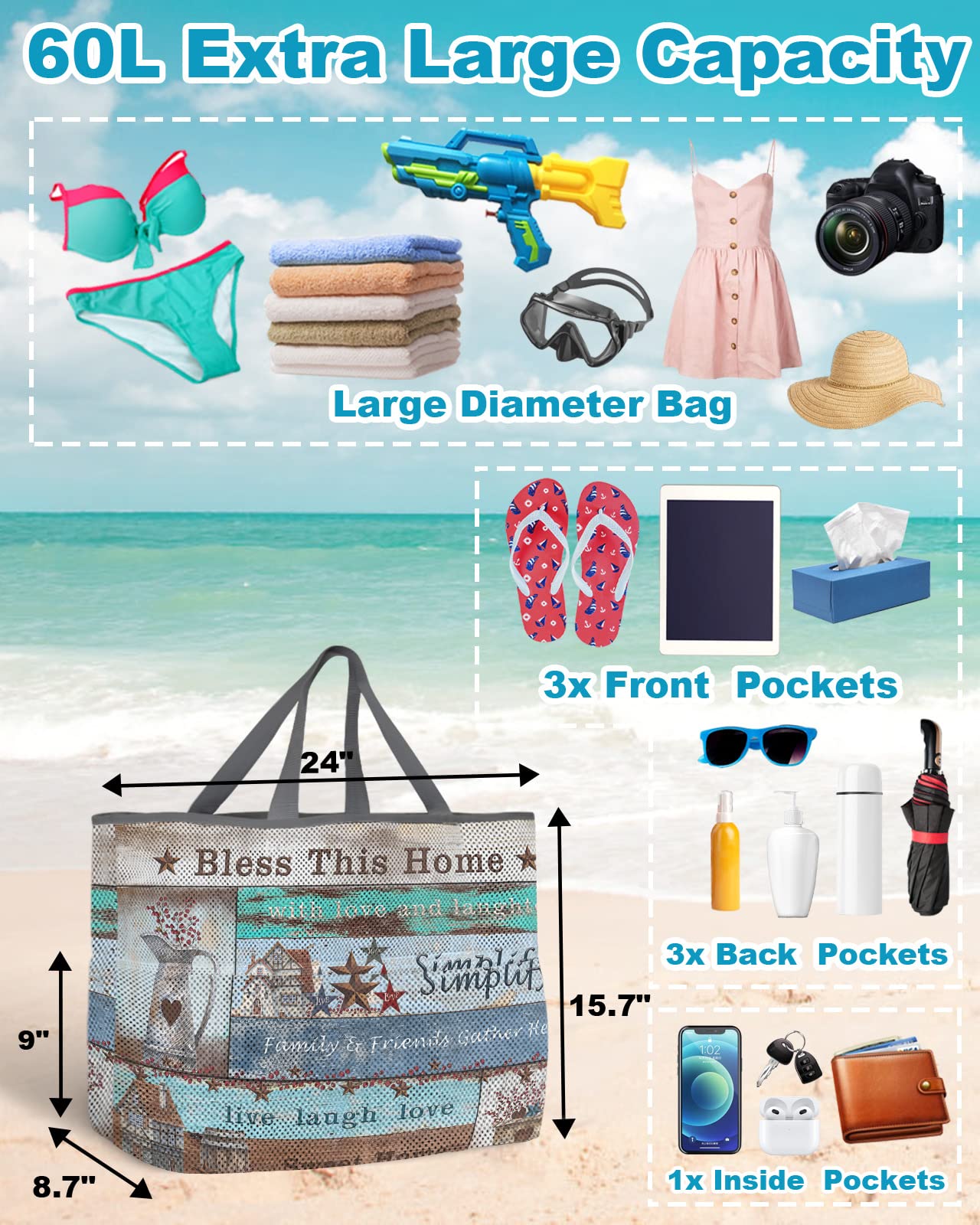 Mesh Beach Tote Bag Western Texas Star 60L Oversize Beach Tote Berries Farmhouse Live Laugh Love Toy Tote Grocery Storage Net Swim Bag with Pockets Foldable Lightweight for Beach Pool 24"x18"x8"