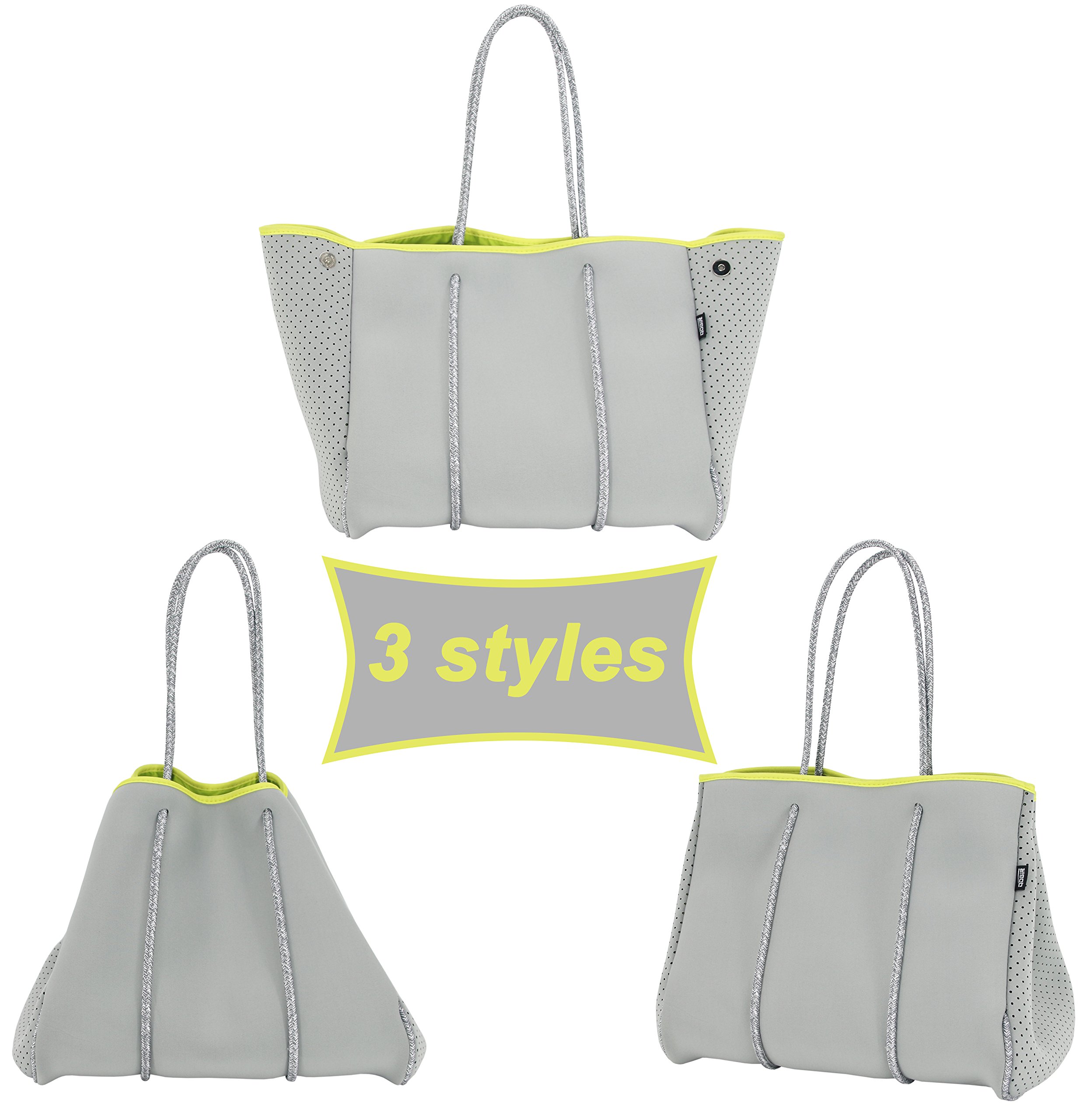 QOGiR Neoprene Multipurpose Beach Bag Tote with Inner Zipper Pocket (Light Grey, X-Large)