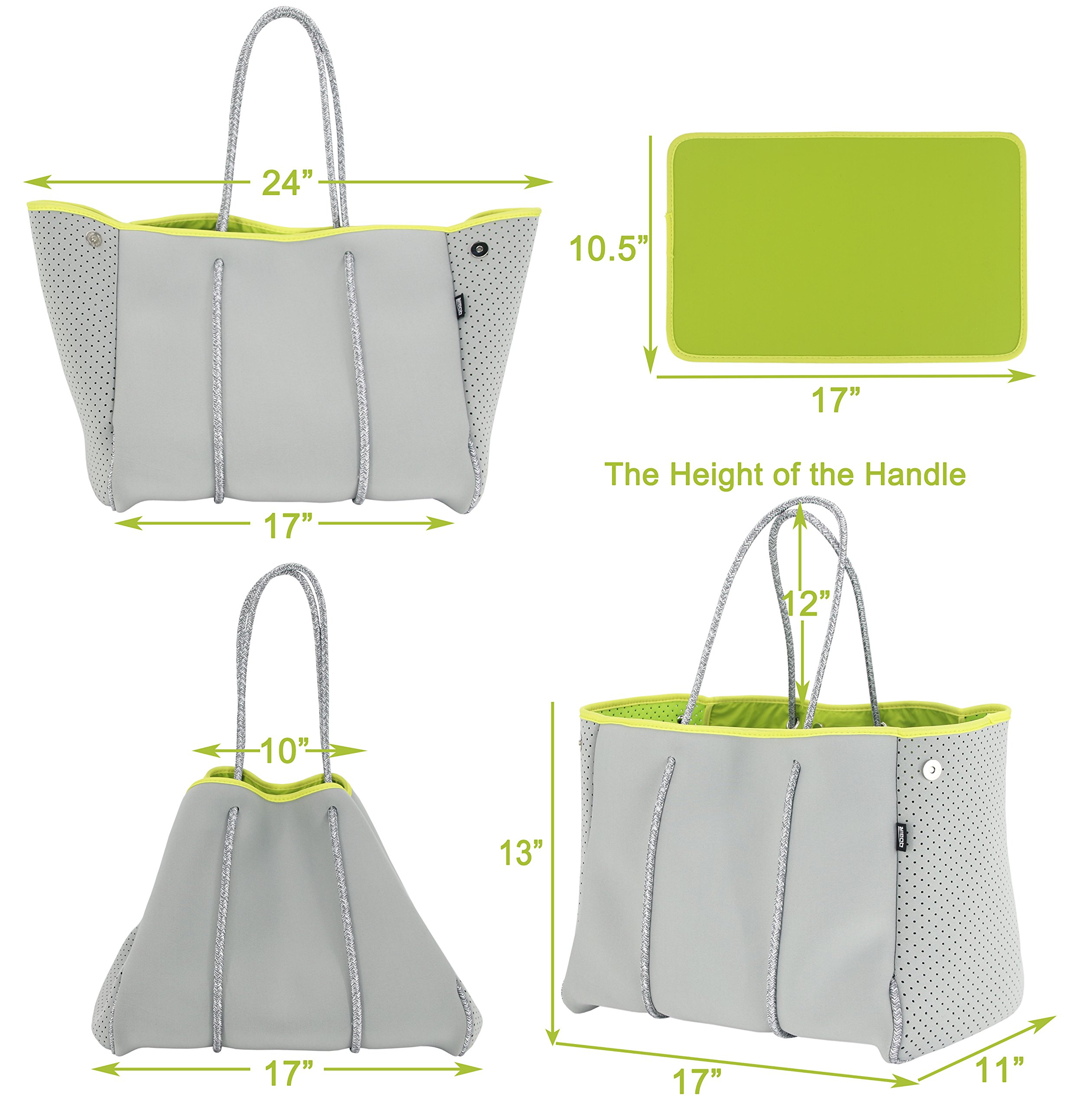 QOGiR Neoprene Multipurpose Beach Bag Tote with Inner Zipper Pocket (Light Grey, X-Large)