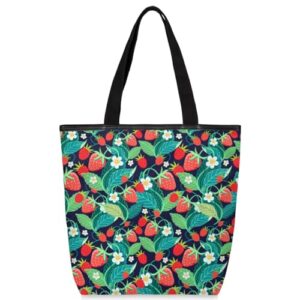 mularoka strawberries bright red canvas aesthetic tote bag for women book bag berries shopping bags shoulder bag reusable grocery bags