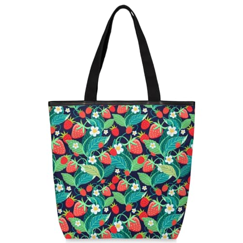 Mularoka Strawberries Bright Red Canvas Aesthetic Tote Bag for Women Book Bag Berries Shopping Bags Shoulder Bag Reusable Grocery Bags