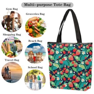 Mularoka Strawberries Bright Red Canvas Aesthetic Tote Bag for Women Book Bag Berries Shopping Bags Shoulder Bag Reusable Grocery Bags