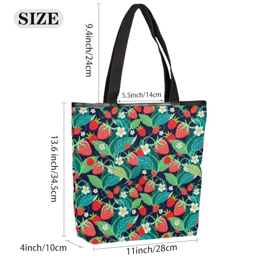 Mularoka Strawberries Bright Red Canvas Aesthetic Tote Bag for Women Book Bag Berries Shopping Bags Shoulder Bag Reusable Grocery Bags