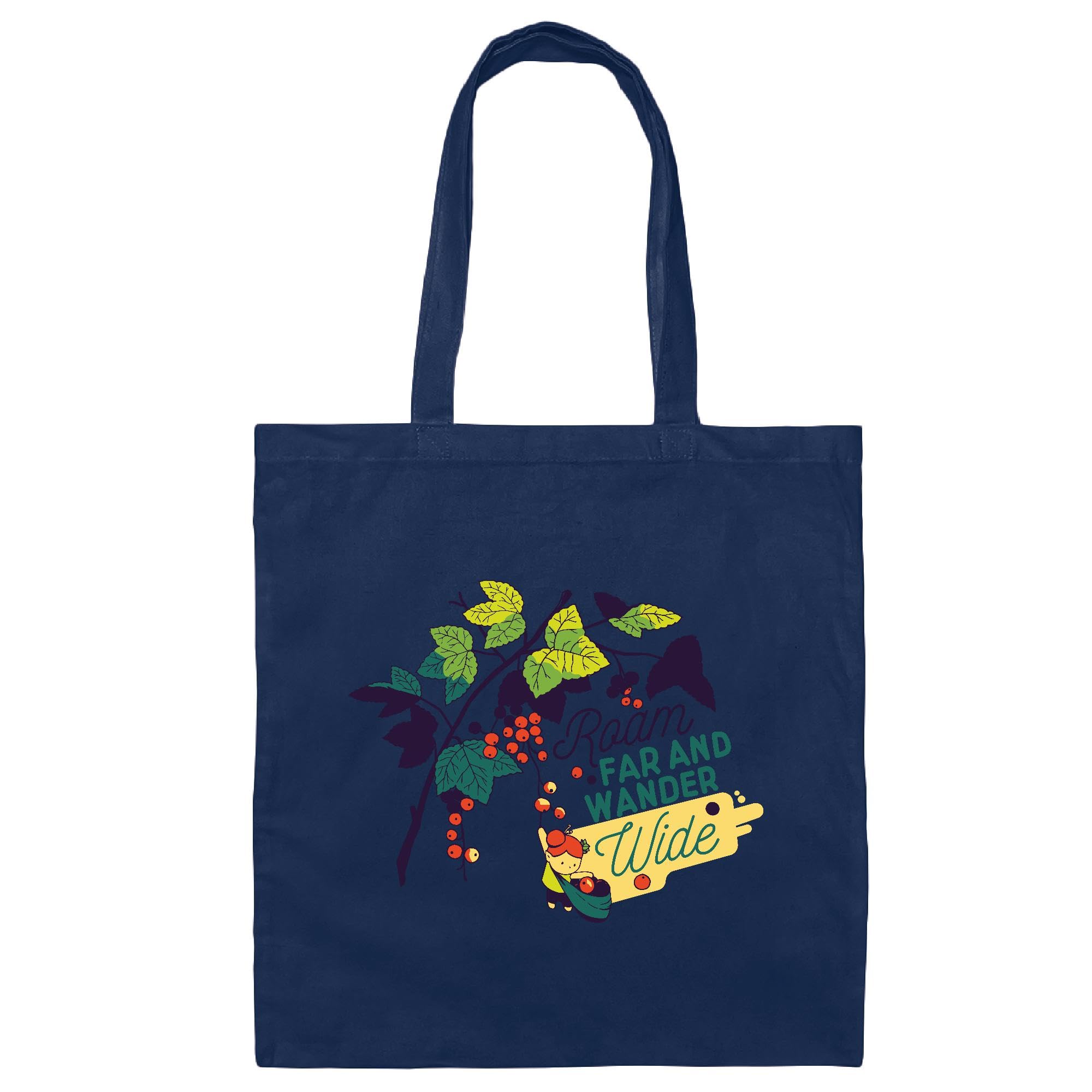 Nature Outdoors Quote Gift Tiny Girl Collecting Berries and Roaming Far and Wide for Kids Navy Black Multicolor Canvas Tote Bag