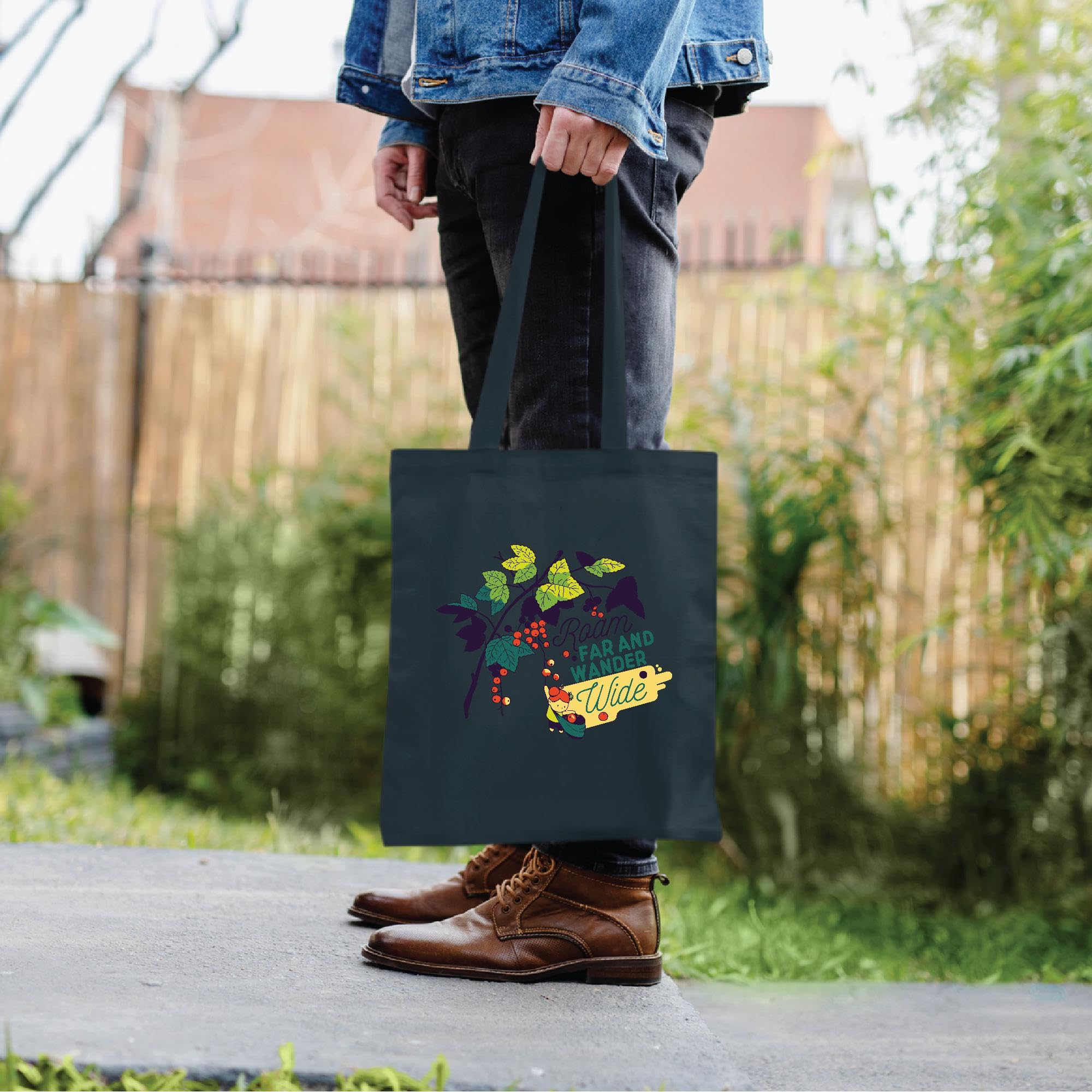 Nature Outdoors Quote Gift Tiny Girl Collecting Berries and Roaming Far and Wide for Kids Navy Black Multicolor Canvas Tote Bag