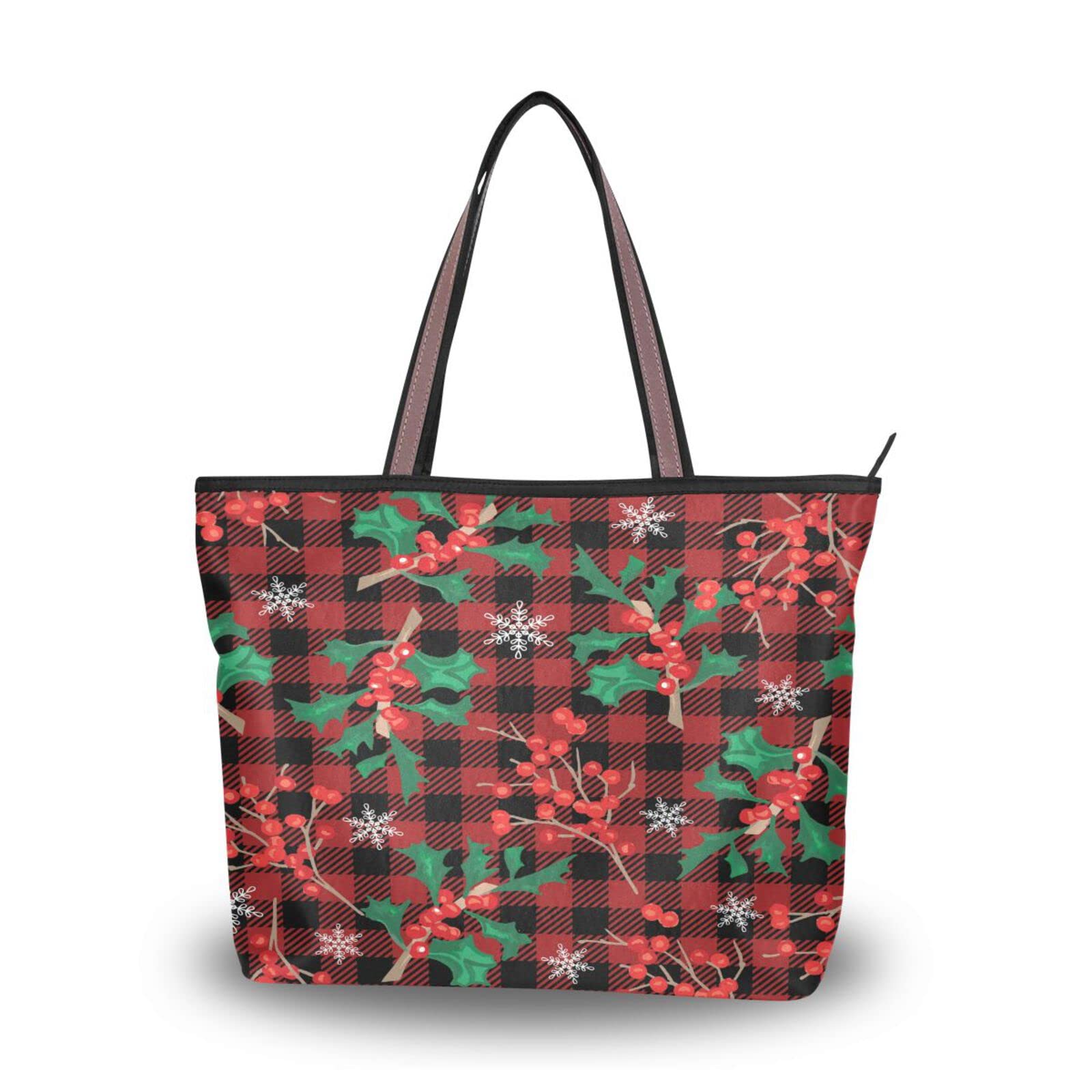 JSTEL Christmas Tote Purse with Pockets and Compartments,Christmas Holly Leaves Berries Tote Bag Zippered Xmas Handbag