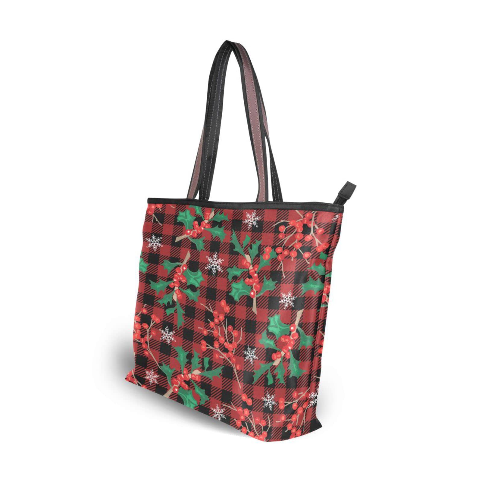 JSTEL Christmas Tote Purse with Pockets and Compartments,Christmas Holly Leaves Berries Tote Bag Zippered Xmas Handbag