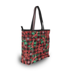 JSTEL Christmas Tote Purse with Pockets and Compartments,Christmas Holly Leaves Berries Tote Bag Zippered Xmas Handbag