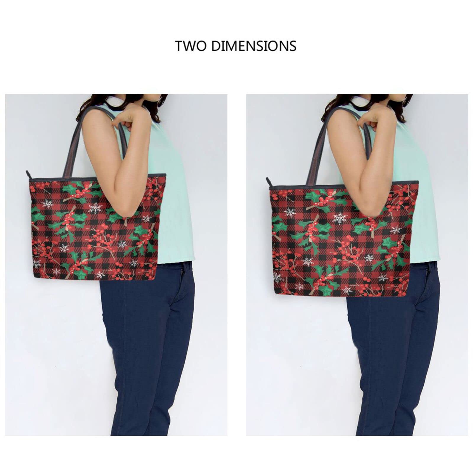 JSTEL Christmas Tote Purse with Pockets and Compartments,Christmas Holly Leaves Berries Tote Bag Zippered Xmas Handbag