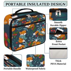 Cartoon Fox Berries Reusable Lunch Tote Bag Women Insulated Lunch Bag for Men Adult Leakproof Cooler Lunch Box for Work Office Travel Picnic