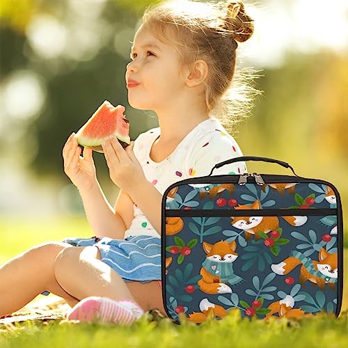 Cartoon Fox Berries Reusable Lunch Tote Bag Women Insulated Lunch Bag for Men Adult Leakproof Cooler Lunch Box for Work Office Travel Picnic