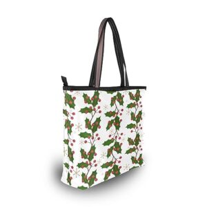 JSTEL Christmas Tote Bag with Zipper,Christmas Berry Holly Tote Purse Women Holiday Handbag Xmas Gift