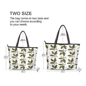 JSTEL Christmas Tote Bag with Zipper,Christmas Berry Holly Tote Purse Women Holiday Handbag Xmas Gift