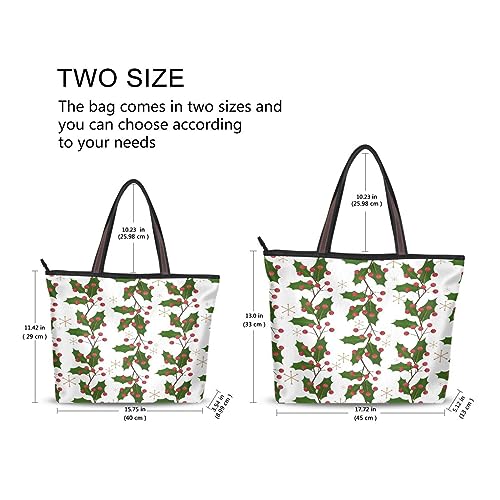 JSTEL Christmas Tote Bag with Zipper,Christmas Berry Holly Tote Purse Women Holiday Handbag Xmas Gift