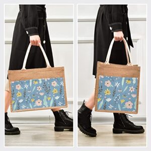 JUNZAN Flowers Leaves and Berries Jute Tote Bags Burlap Reusable Straw Bag for Beach Shopping Grocery Bags Wedding Gift