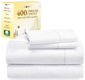 california design den king size sheets set, good housekeeping award winner, 400 thread count 100% cotton sateen deep pocket king sheet set, 4-pc king sheets, softer than egyptian cotton sheets (white)