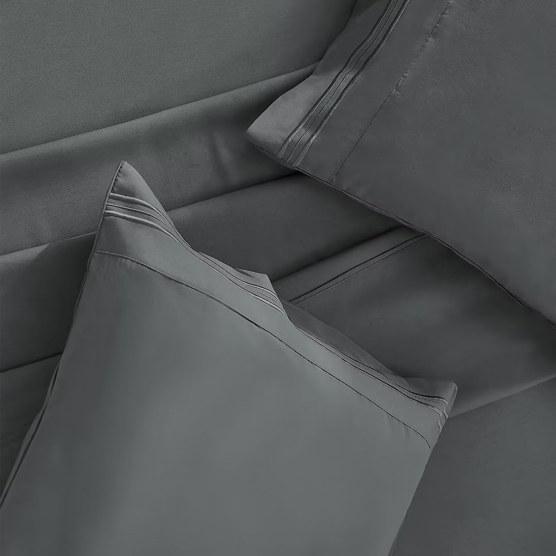 Grey King Size Bed Sheets Set-Deep Pocket Bedding Sheets & Pillowcases-Hotel Luxury- Cooling Microfiber Bedsheets 4 Piece