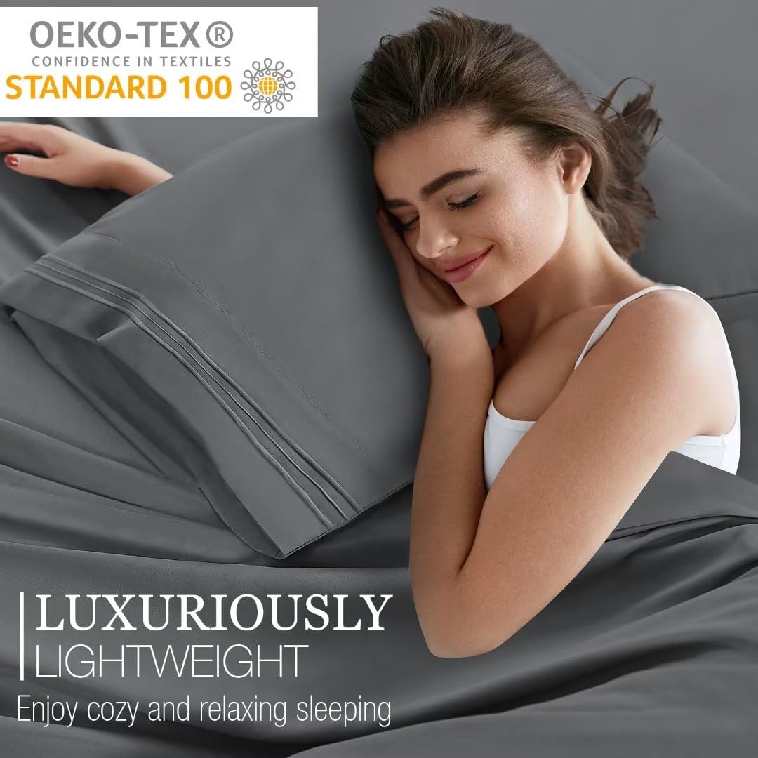 Grey King Size Bed Sheets Set-Deep Pocket Bedding Sheets & Pillowcases-Hotel Luxury- Cooling Microfiber Bedsheets 4 Piece