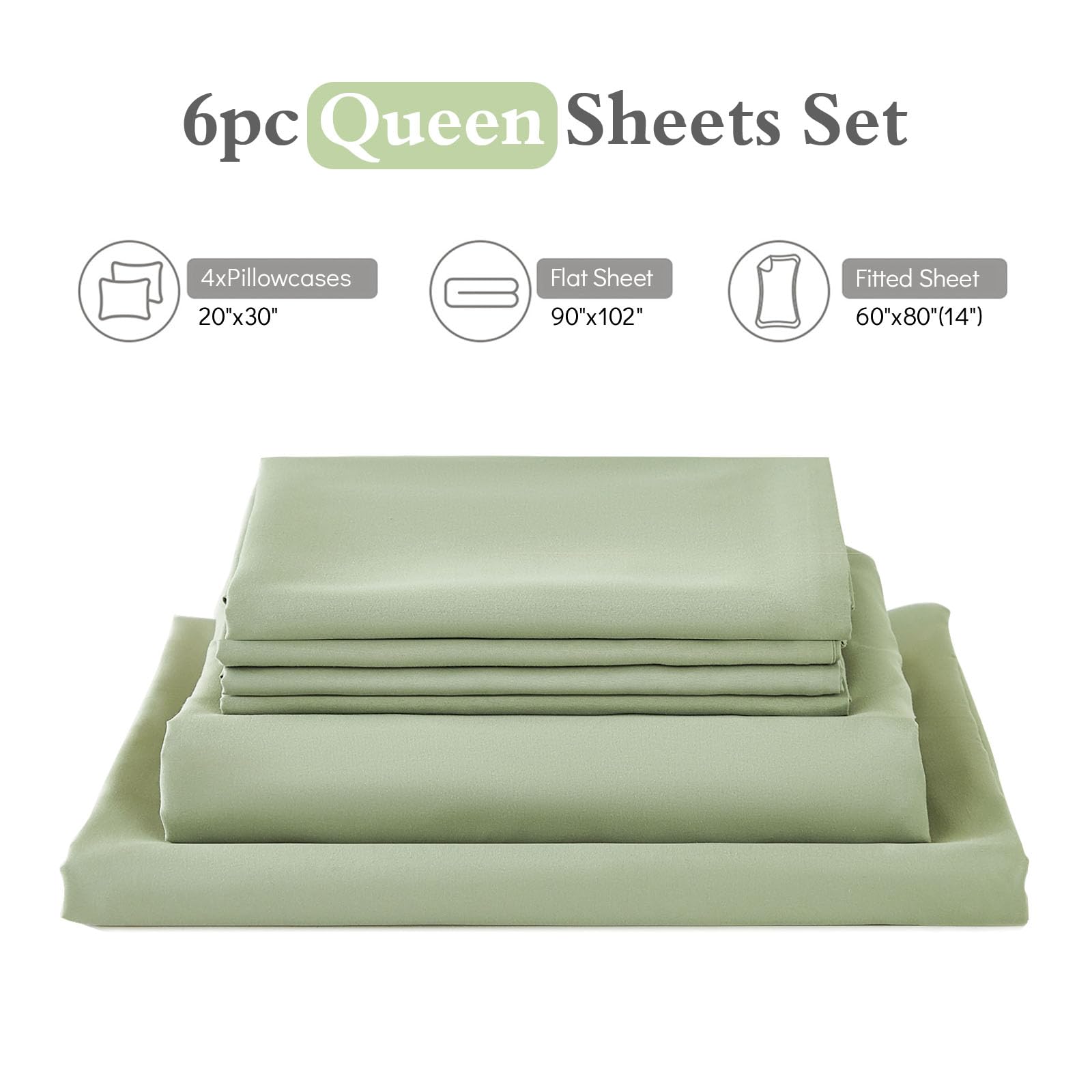 ILAVANDE Queen Sheets Set 6 Piece,Hotel Luxury Super Soft 1800 Series Microfiber Queen Bed Sheets Set-Wrinkle Free & Breathable-14 Deep Pocket Sheets for Queen Size Bed(Queen,Sage Green)