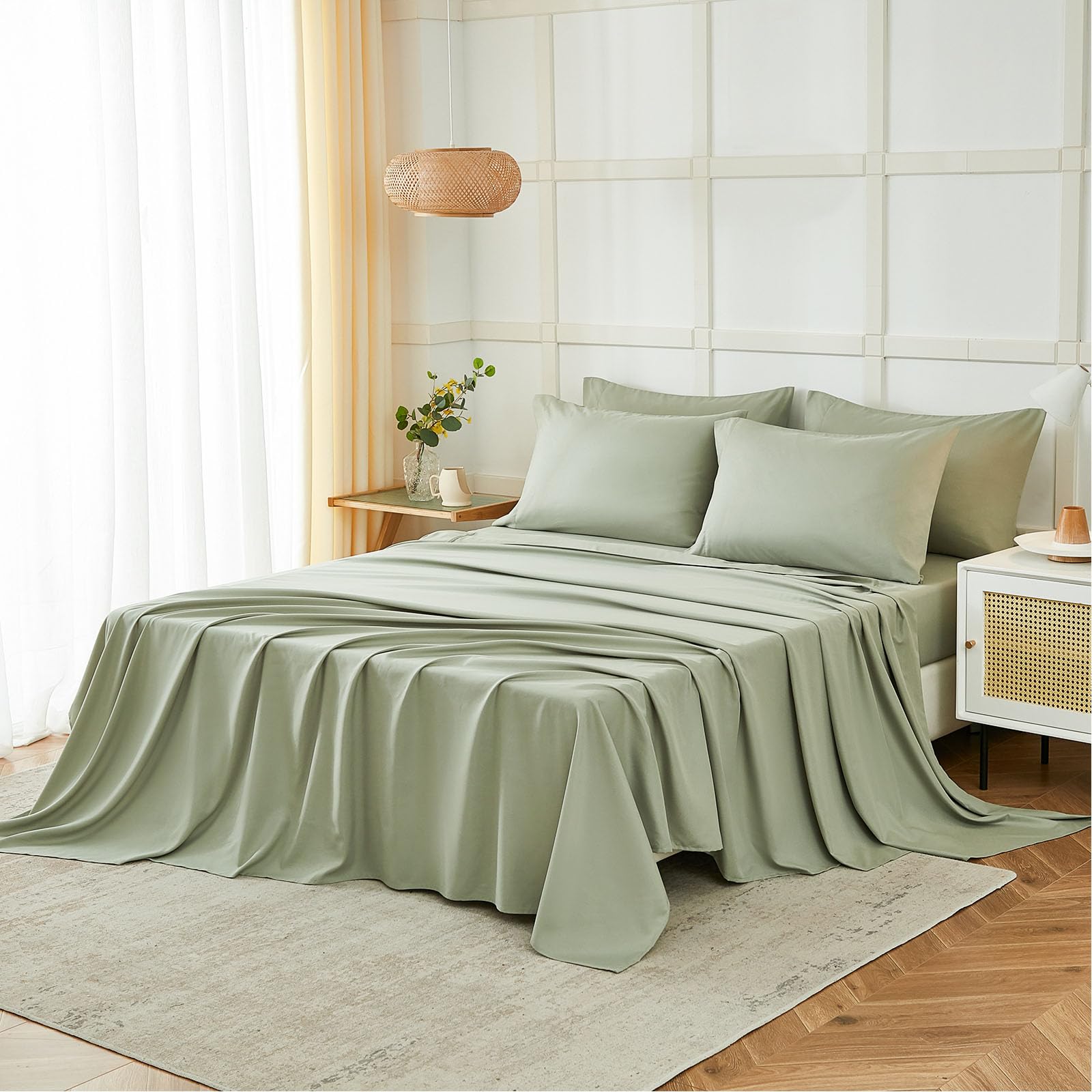 ILAVANDE Queen Sheets Set 6 Piece,Hotel Luxury Super Soft 1800 Series Microfiber Queen Bed Sheets Set-Wrinkle Free & Breathable-14 Deep Pocket Sheets for Queen Size Bed(Queen,Sage Green)