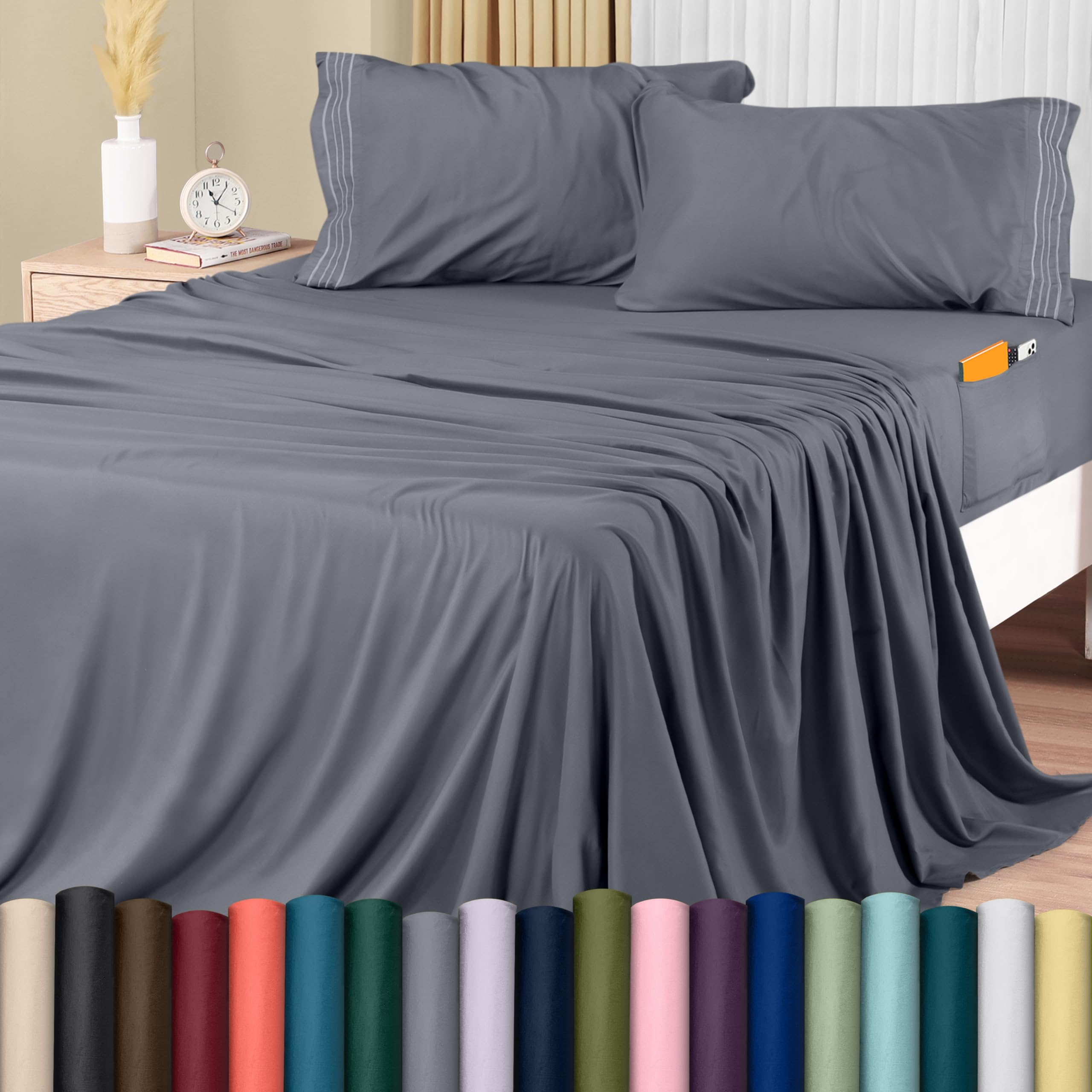 Utopia Bedding King Sheet Set – Soft Microfiber 4 Piece Hotel Luxury Bed Sheets with Deep Pockets - Embroidered Pillow Cases - Side Storage Pocket Fitted Sheet - Flat Sheet (Grey)