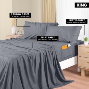 Utopia Bedding King Sheet Set – Soft Microfiber 4 Piece Hotel Luxury Bed Sheets with Deep Pockets - Embroidered Pillow Cases - Side Storage Pocket Fitted Sheet - Flat Sheet (Grey)