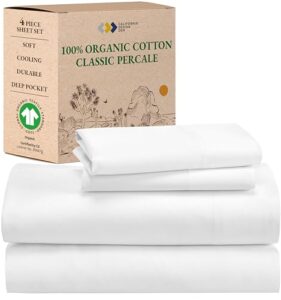 california design den 100% organic cotton sheets for queen size bed, deep pockets, percale sheets queen, gots certified, soft cooling sheets, 4 piece bed sheets queen sheet set, white sheets