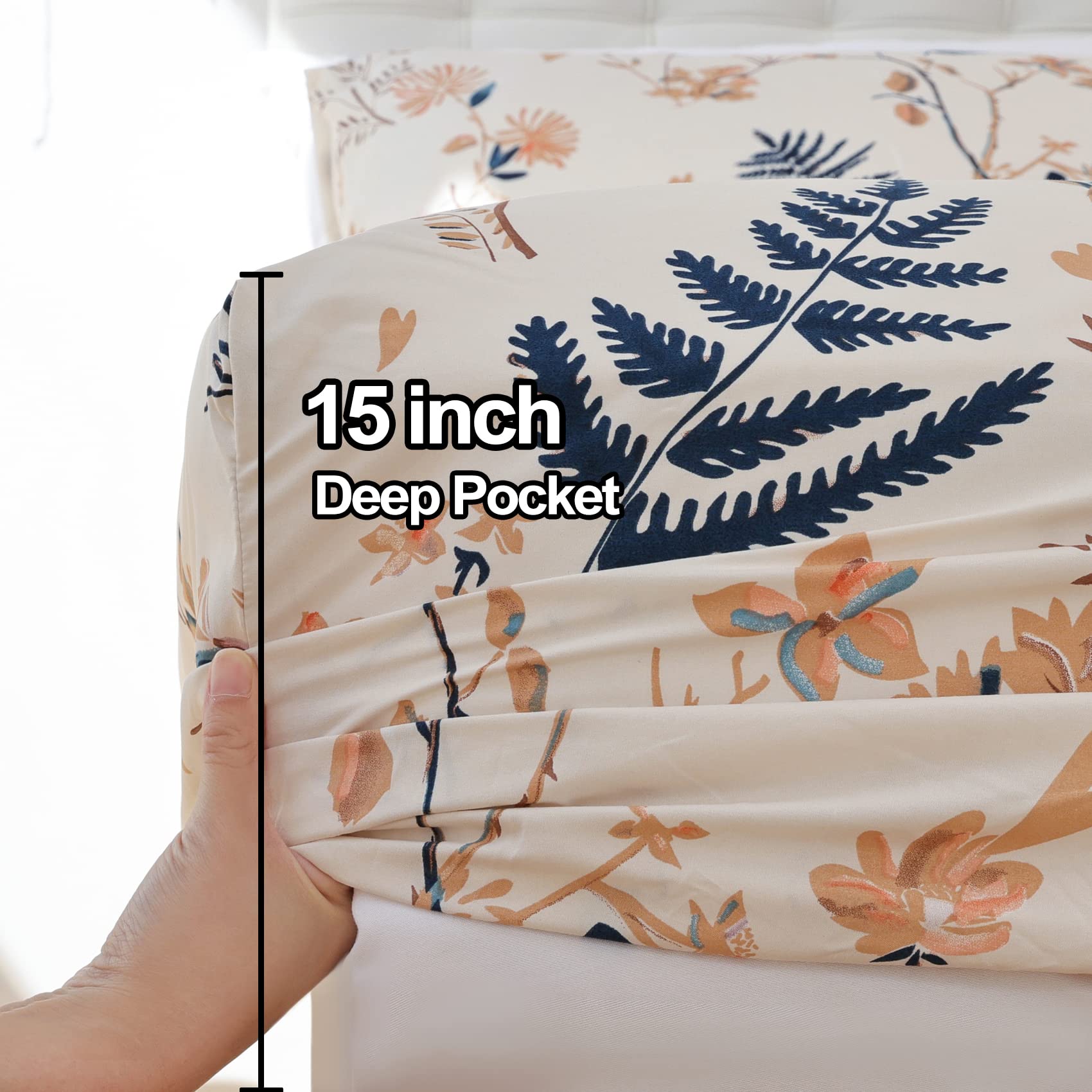 JSD Boho Floral Printed Sheet Set King Size 4 Piece, Soft Microfiber Botanical Pattern Bed Sheets 15" Extra Deep Pocket