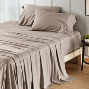 bedsure queen sheets, rayon derived from bamboo, queen cooling sheet set, deep pocket up to 16", breathable & soft bed sheets, hotel luxury silky bedding sheets & pillowcases, simply taupe