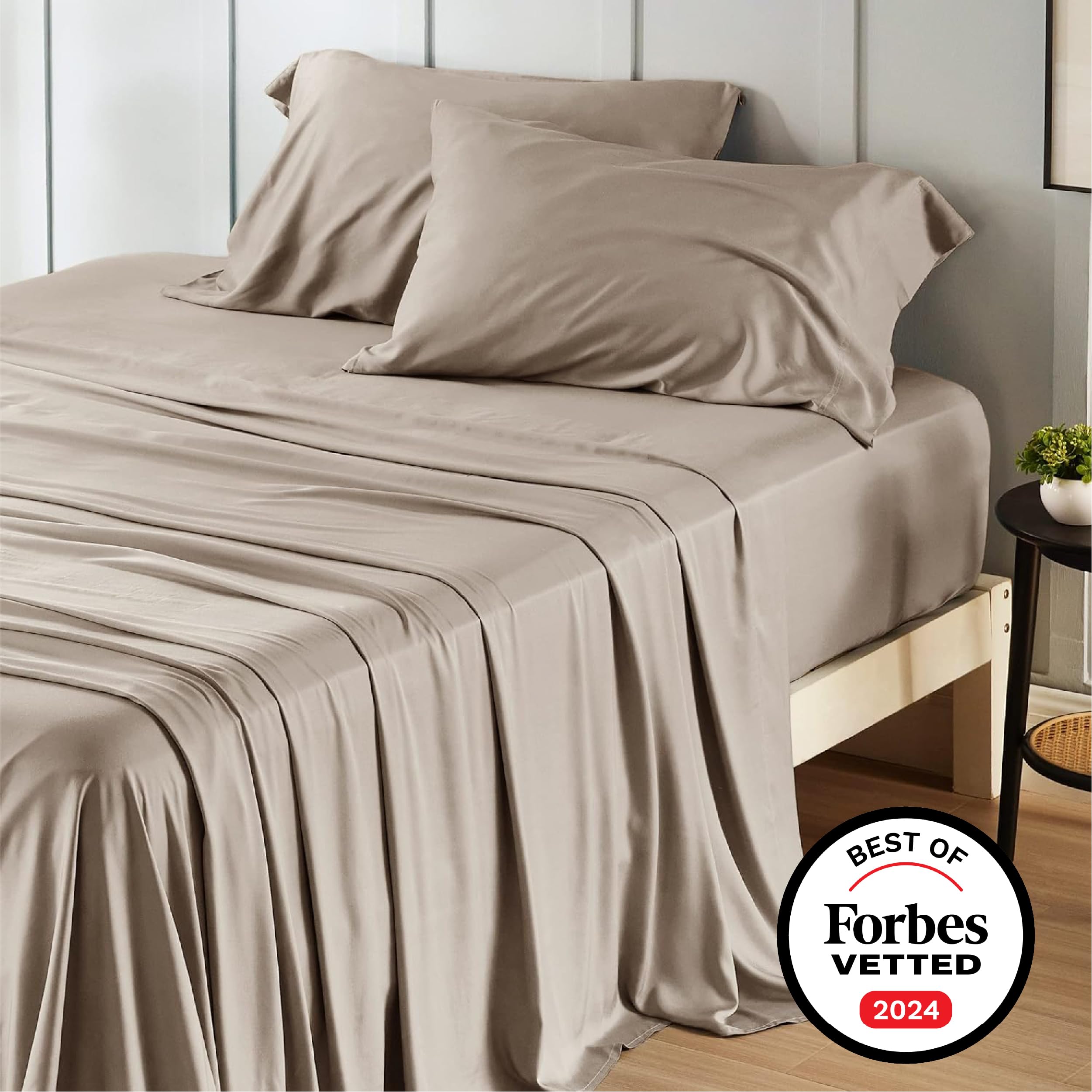 Bedsure Queen Sheets, Rayon Derived from Bamboo, Queen Cooling Sheet Set, Deep Pocket Up to 16", Breathable & Soft Bed Sheets, Hotel Luxury Silky Bedding Sheets & Pillowcases, Simply Taupe