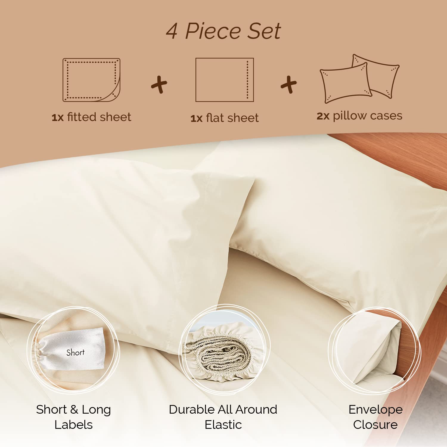 Five Looms 4 Piece Classic Percale Sheets Set, 100% Cotton with Deep Pocket 15”, Easy Care Luxury Hotel Quality Soft Cooling Sheets Set, Fitted Sheet, Flat Sheet and 2 Pillowcases, Queen, Buttercream