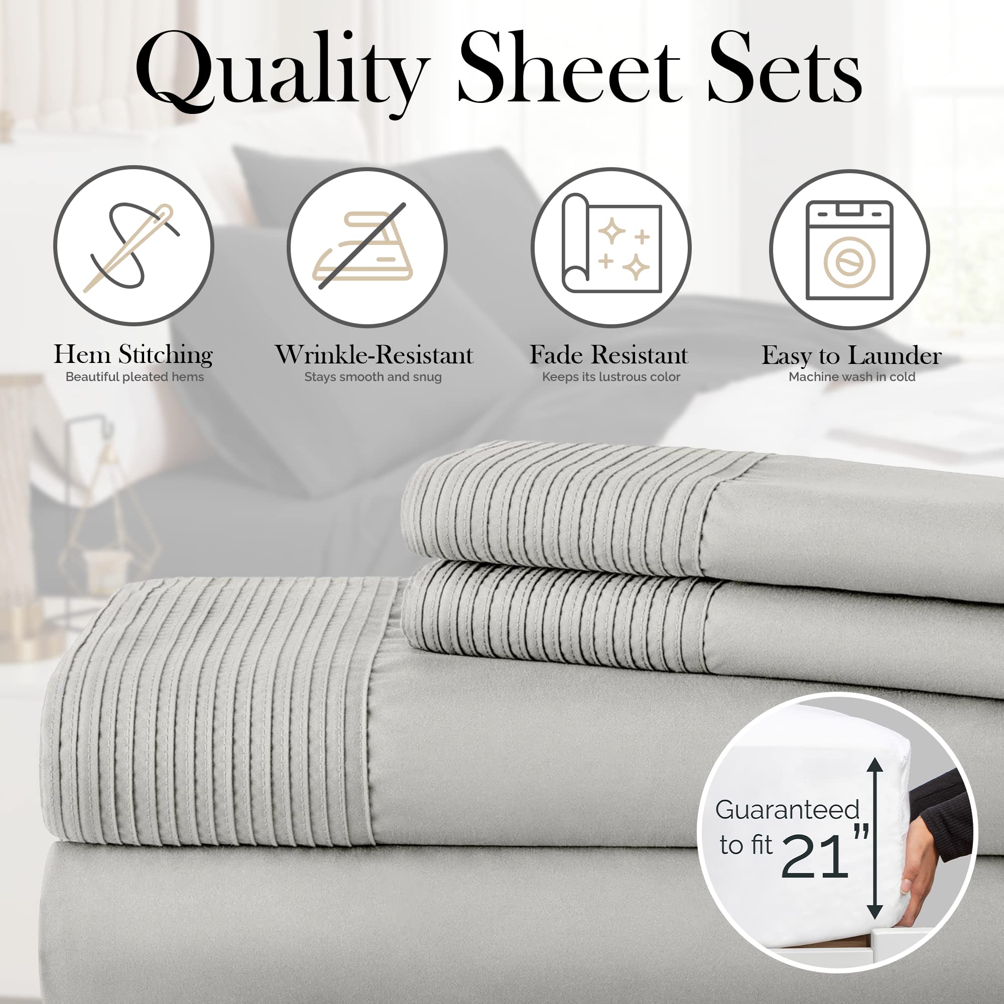 SouthShore Fine Living Vilano Pleats, 4-Piece, 21-Inch Extra Deep Pocket Sheet Set, King Sheets with Flat Sheets and Pillowcase, Easy Care and Shrinkage-Free Deep Pocket Sheets, Sheet Set, Steel Grey