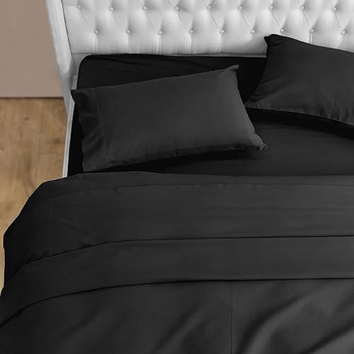 Elegant Comfort Soft 4-Piece 100% Turkish Cotton Flannel Sheet Set - Premium Quality, Deep Pocket Fitted Sheet, Ultra Soft, Cozy Warm Flannel Sheets - Queen, Black